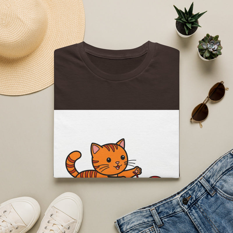 Orange tabby kitten playing line art on white T-shirt