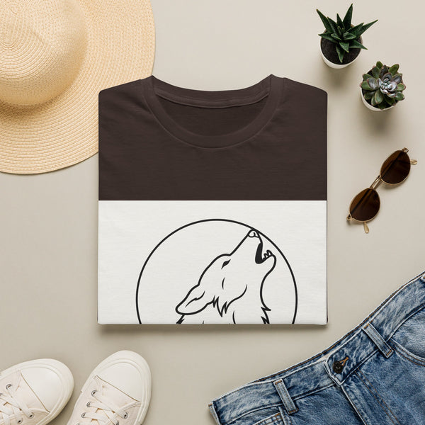 Howling wolf circle silhouette printed line art on white T-Shirt