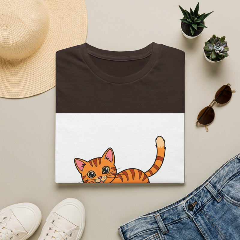 Orange tabby cat peekaboo coloring-book line art on white T-shirt