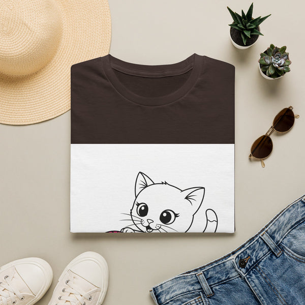 Wide-eyed cat face graphic printed on white T-shirt front