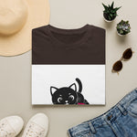 Peekaboo black cat graphic on front of white soft T-shirt