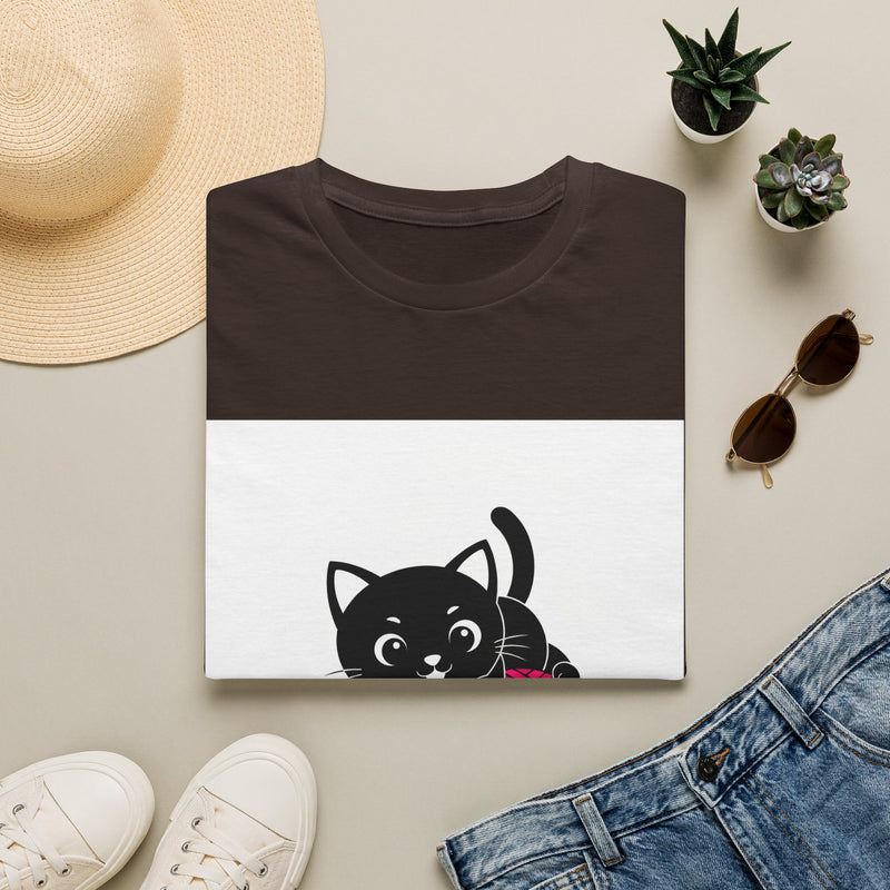 Peekaboo black cat graphic on front of white soft T-shirt