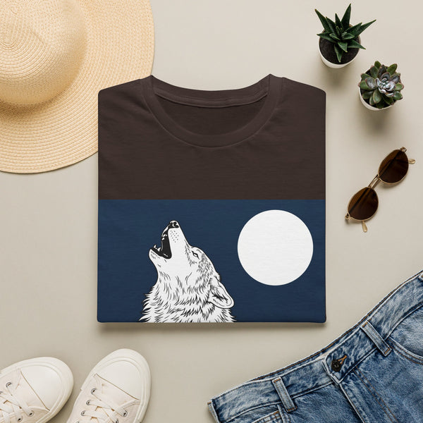 White t-shirt with howling wolf night scene line art silhouette