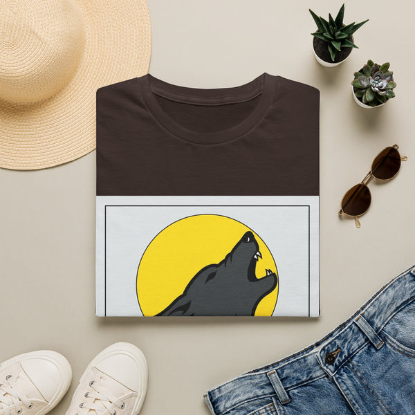 Howling wolf silhouette against yellow moon printed on white tee