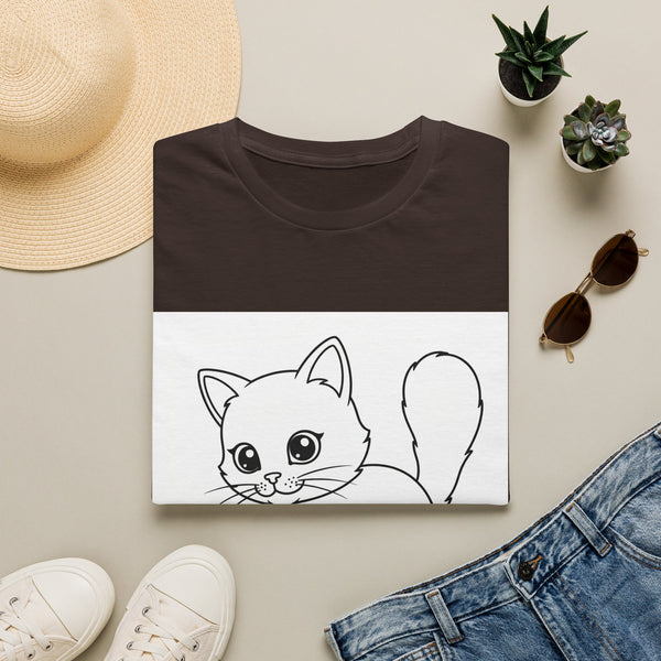 White T-shirt with cute cat line art coloring book design