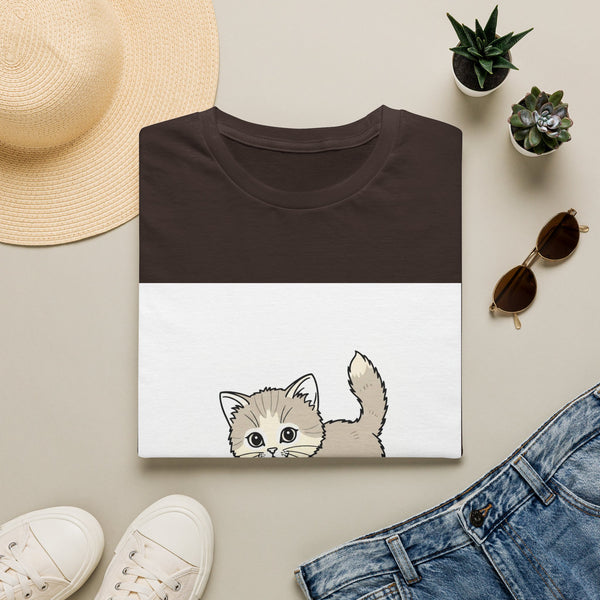 White T-shirt with peeking kitten and raised tail line art