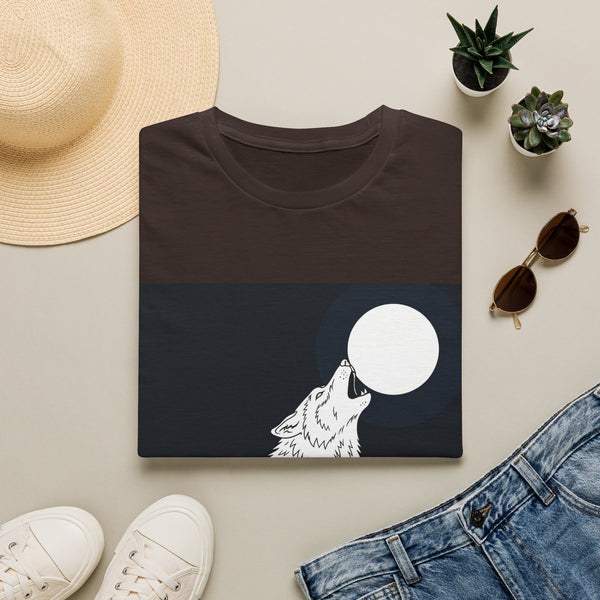 White wolf howling at moon graphic tee front view