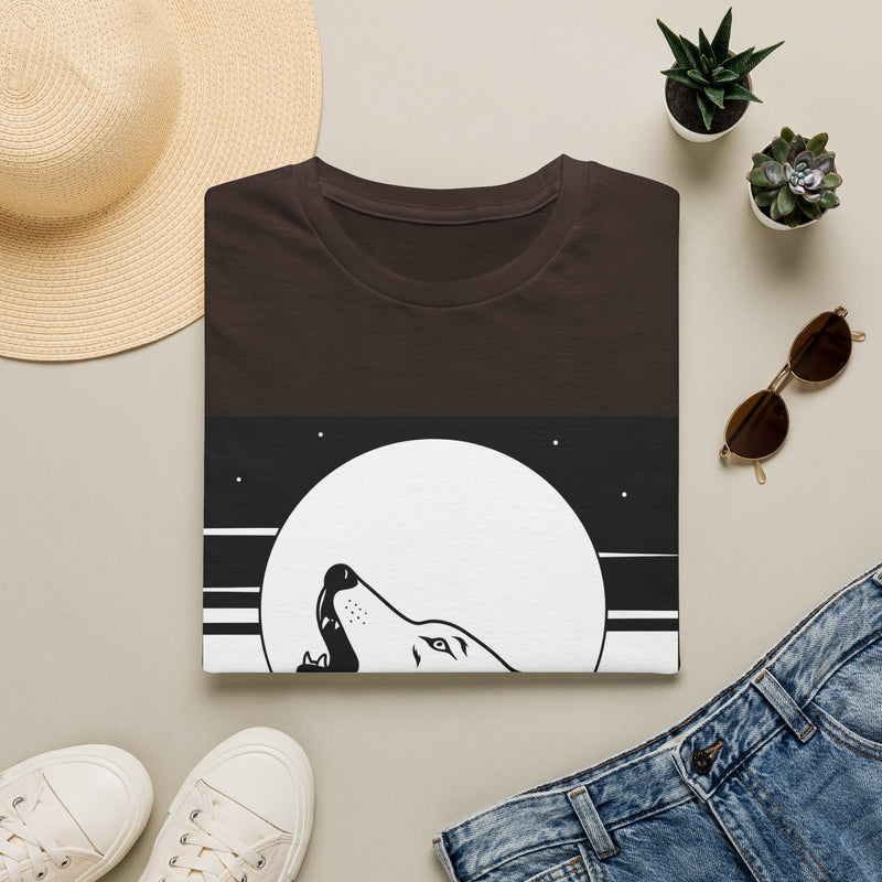 Wolf head line art against full moon graphic on white T-shirt