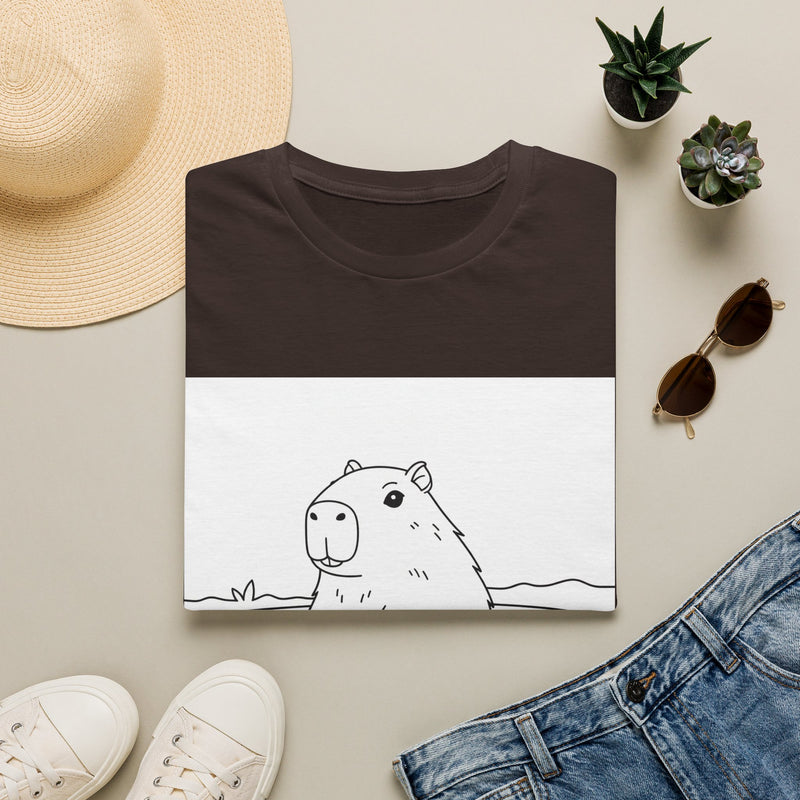 Capybara peeking over horizon line art printed on white T-Shirt