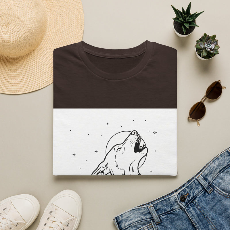 Howling wolf silhouette under moon and stars printed on white T-Shirt